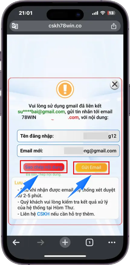 Bước 5 : Sao chép nội dung - Dùng EMAIL đăng ký tài khoản >> Gửi thông tin đã sao chép đến EMAIL của hệ thống >> Chờ xét duyệt trong vài phút
